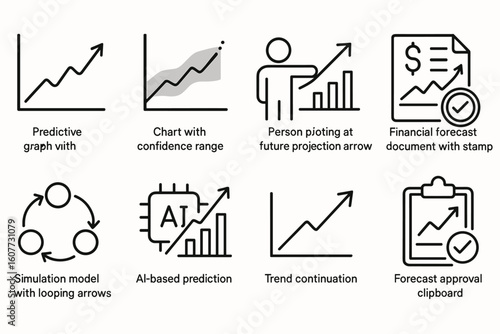 Black and White Icons of Prediction and Forecasting: AI, Financial Projections, and Growth Trends