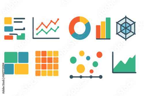 Set of Flat Design Icons Representing Flowchart, Pie Chart, Line Graph, and Bar Chart