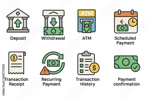Colorful Banking and Financial Transaction Icons Set with Labels