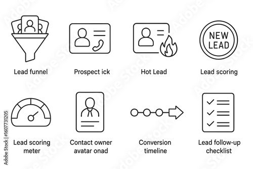 Line Icons for Lead Management and Sales Process with Funnel, Scoring, and Conversion Elements