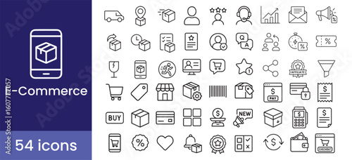 E-commerce icon set for online shopping with 54 line illustrations including store, cart, delivery, payment, sale, shipping, and customer support symbols for retail and digital business