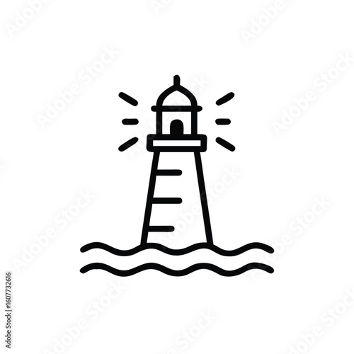 Outline lighthouse emitting light beams over wavy water beacon ocean