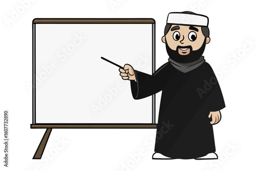Friendly cartoon elderly man wearing a blue turban and traditional robes with a gentle smile