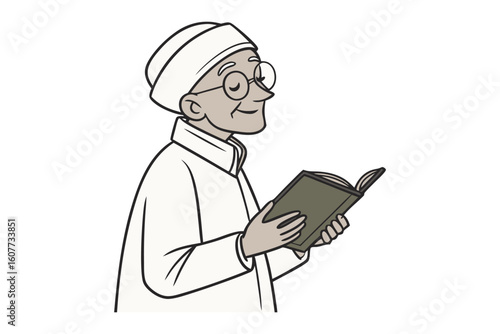 A young woman wearing a hijab and glasses reads a book with arabic calligraphy in the background