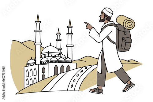 Cartoon astronomer in traditional garb points to a star through a telescope on a tripod