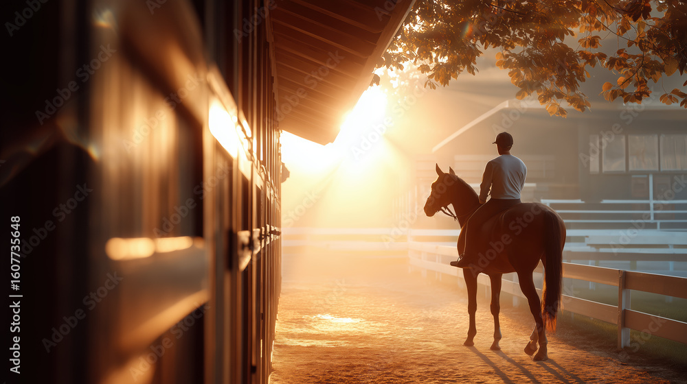 Obraz premium A rider on horseback enjoys the golden hour, with the sun casting a warm glow on the stable.