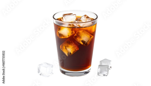 Cold brew coffee in transparent cup with ice on white background simple style png
