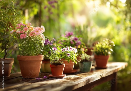 Terracotta Pots with Various Potted Plants and Flowers on Wooden Table in Sunny Outdoor Garden