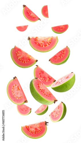 flying on air dynamic Juicy guava slices on white background png