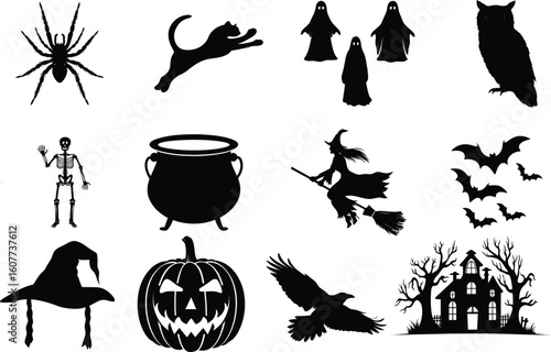set of halloween element silhouette collection. Black and white vector editable file. pumpkin, ghost, cat, cauldron, horror house, female witch ride, owl, raven bird, skeleton, spider, witch hat