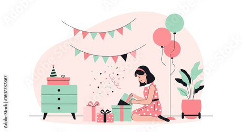 Excited Woman Opens a Birthday Gift at a Party Celebration