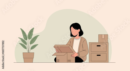 Excited Woman Unpacking Delivery Box At New House In Minimalist Interior