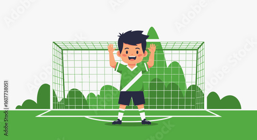 Excited Young Soccer Player Celebrating A Goal With Raised Hands At Stadium