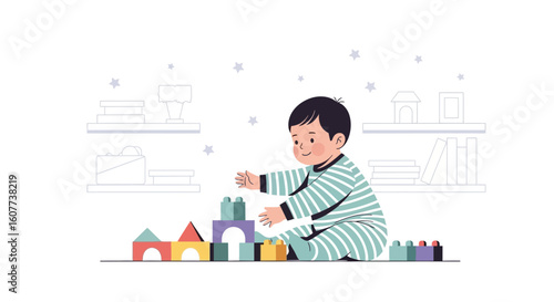 Cute Toddler Builds Colorful Tower With Toy Blocks In Bright Room