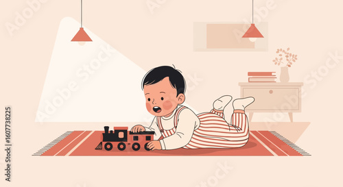 Cute Toddler Engaged With Wooden Train On Rug At Comfortable Home