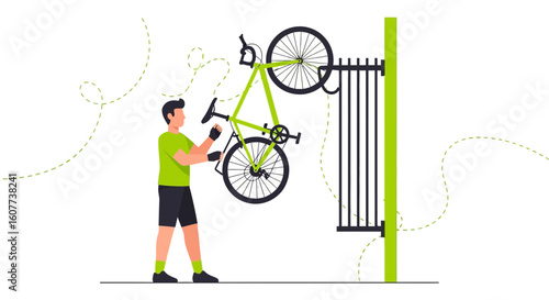 Cyclist Parking Green Bicycle On Rack For Sustainable Urban Commuting Solution