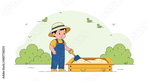 Cute Youngster Enjoying Outdoor Sandbox Playtime with Shovel and Birds