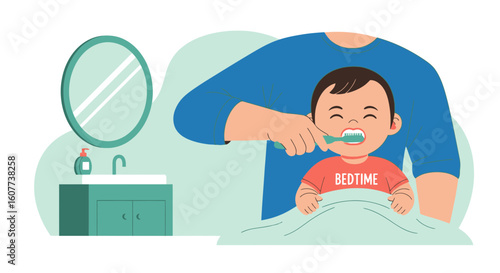 Dad Helping His Toddler Brush Teeth Before Bedtime Story Reading Routine