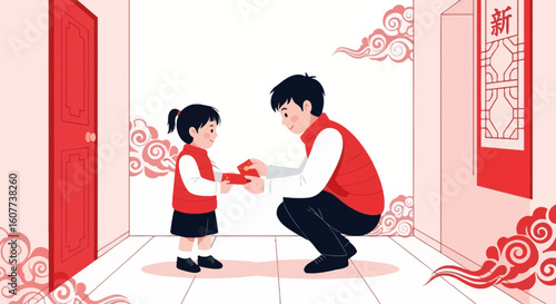 Dad Gives A Red Envelope To His Daughter For Lunar New Year Celebration