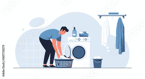 Daily Laundry Routine Man Loading Clothes Into Washing Machine At Home