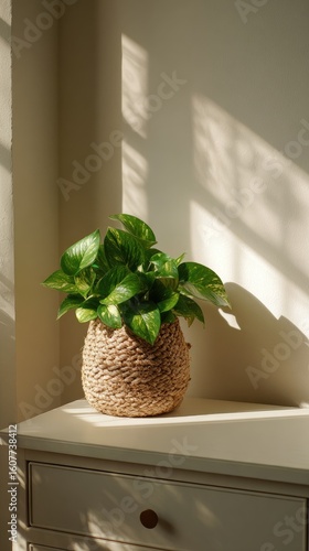 Golden pothos in rustic woven pot on cream-colored cabinet, bathed in streaming sunlight