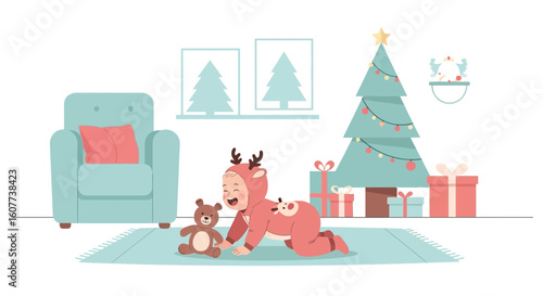 Delightful Christmas Morning Infant Playtime In Festive Home Setting Illustration