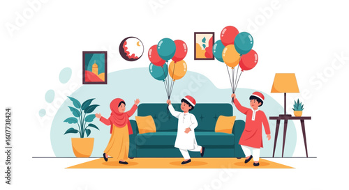 Delightful Eid Celebration Children Joyfully Playing With Colorful Balloons Inside