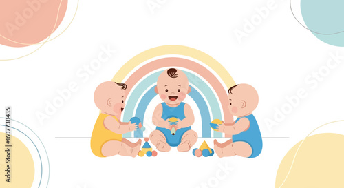 Delightful Babies Playing With Toys Under Pastel Rainbow Illustration Background
