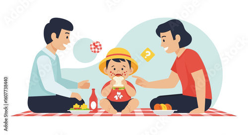 Delightful Family Picnic Scene With Parents Watching Their Child Enjoy a Sandwich