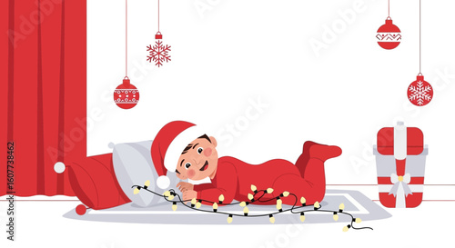 Delightful Infant Adorned In Santa Attire Enjoys Sparkling Festive Lights On Christmas Eve