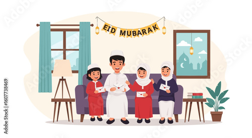 Delightful Muslim Family Celebrating Eid Mubarak In A Cozy Living Room Setting