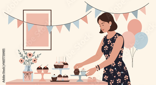 Delightful Party Preparation Woman Arranging Cupcakes Celebration Gathering Moment