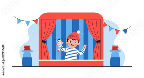 Delightful Puppet Show Featuring Cheerful Boy And Handmade Marionette At Home