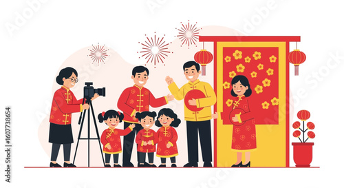 Festive Lunar New Year Family Portrait Illustration With Traditional Attire