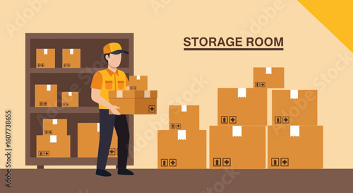 Delivery Worker Arranging Parcels Boxes On Shelf In Storage Room