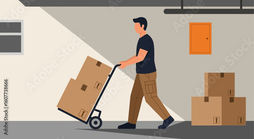 Delivery Service Man Moving Boxes With Handtruck In The Storage Room
