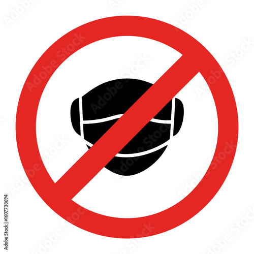 Face-mask ban illustration displaying prohibited mask wearing with bold red circle. This symbol represents face-mask refusal during pandemic, highlighting mask rejection.