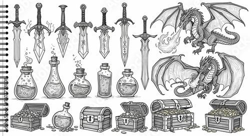 Set of fantasy RPG-themed doodles. Sketchy drawings of swords, potions, dragons, and treasure chests. Dungeons & Dragons notebook style