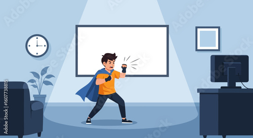 Determined Superhero Ready To Fight In Home Minimalist Interior Cartoon Illustration