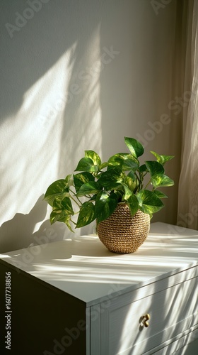 Indoor Golden Pothos in rustic pot sits atop a white dresser, bathed in sunlight and shadows