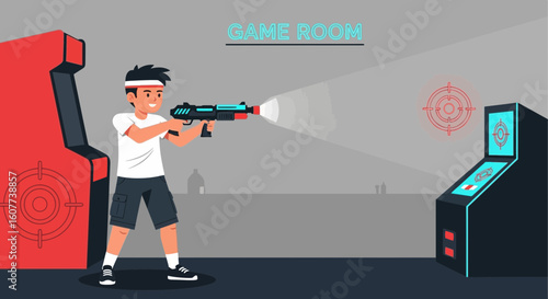 Exhilarating Arcade Adventure Boy Plays Video Shooting Game With Futuristic Gun