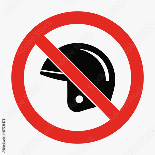 No helmet warning with black motorcycle helmet inside red forbidden sign. No helmet safety regulation shown, offering graphic clarity and immediate comprehension.