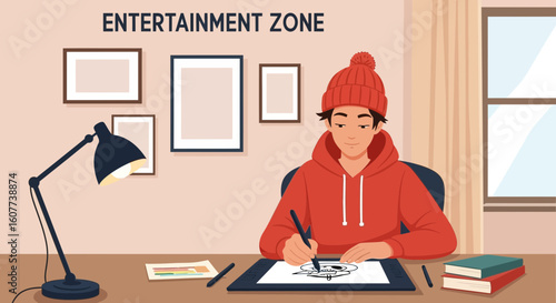 Digital Artist Creating Illustrations At Home In Creative Entertainment Zone