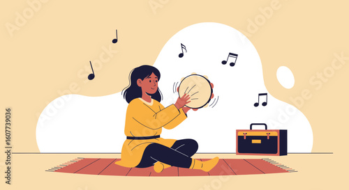 Expressive Young Woman Plays Tambourine in a Relaxed and Creative Home Atmosphere