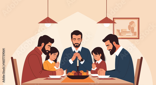 Extended Family Praying Together at Home During Mealtime Illustration
