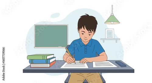 Diligent Student Completing Schoolwork Attentively At Desk In Classroom Setting