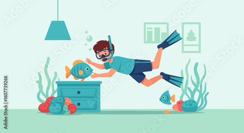 Diver Boy Playtime Underwater Adventure Fantasy In The Home Illustration