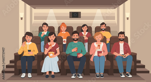 Diverse Group Enjoying a Movie Together in a Cozy Cinema Auditorium