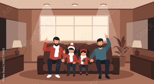 Family Cheering Watching Television In Home Room Flat Vector Illustration