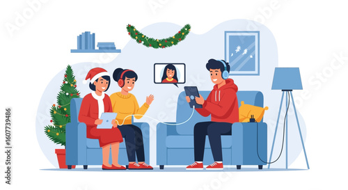 Family Connects Virtually During Christmas Season Enjoying Modern Technology